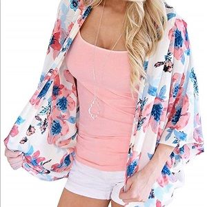 3/4 Sleeve Floral Print Kimono Sheer Chiffon